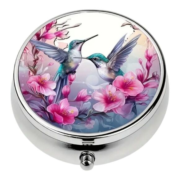 Pink Orchid Hummingbird Pill Box Medicine Mini Steel Case Mirrored Travel Purse - Picture 6 of 6
